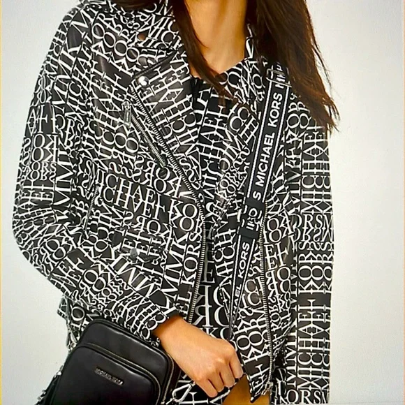 Michael Kors newsprint logo leather Moto jacket